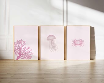 Set of 3 Pink Ocean Wall Art Prints, Coral Jellyfish Crab Poster Trio, Minimal Coastal Bathroom Decor, Nautical Pastel Sea Life Print Set