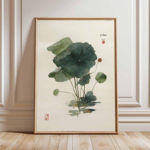 Lotus Leaf Wall Art, Minimalist Japanese Painting Poster, Zen Botanical Print for Living Room, Bedroom or Meditation Space Decor