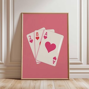 Playing Card Hearts Poster, Pink Love Poker Wall Art, 2 8 Ace Valentine&#39;s Print, Pop Art Card Illustration, Romantic Art Decor, Unframed