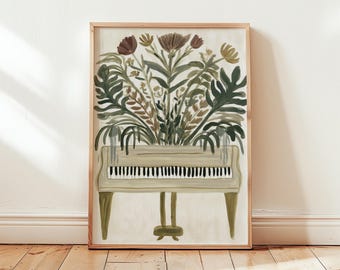 Floral Piano Poster, Folk Botanical Art, Paper Print