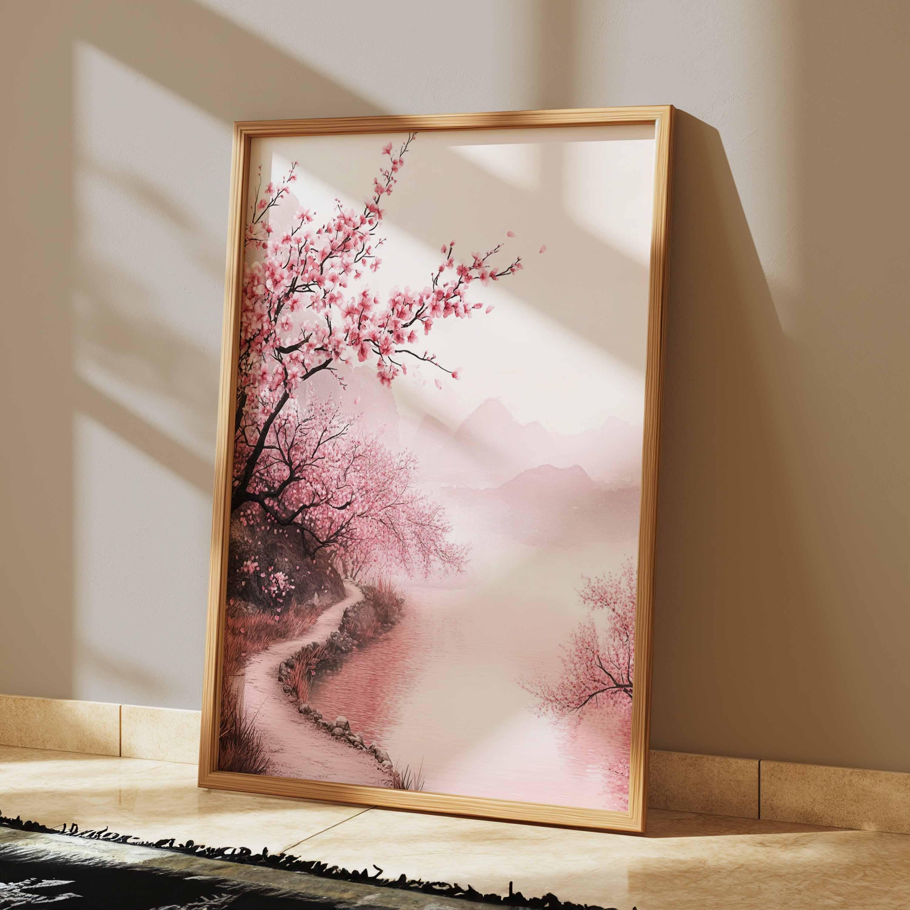 Cherry Blossom Riverside Wall Art, Japanese Sakura Landscape