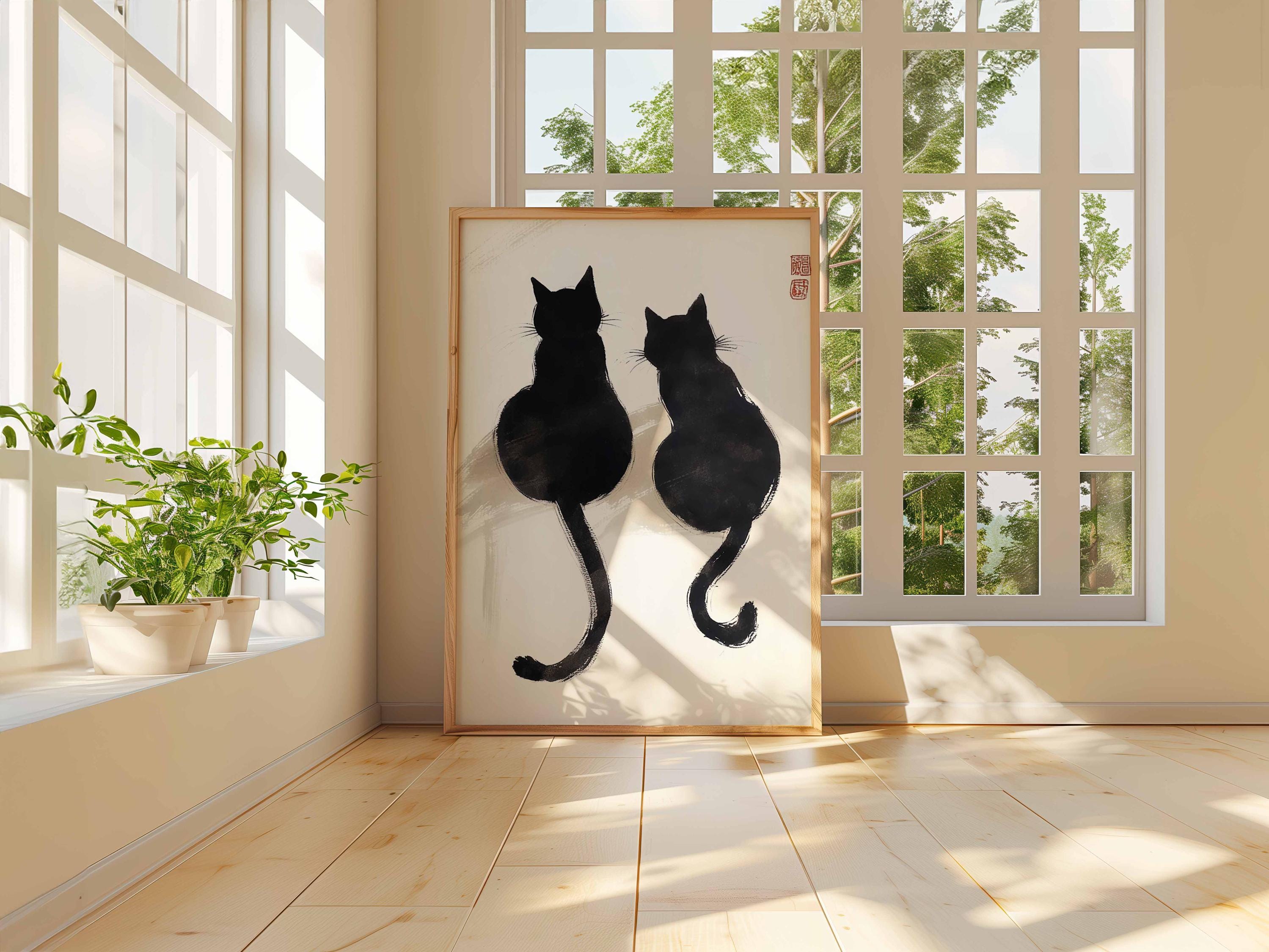 Black Cat Poster Japanese Minimalist Wall Art Ink Painting Cat