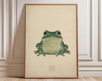 Japanese Frog Wall Art, Vintage Style Animal Poster, Traditional Nature Print with Green Frog, Woodland Wildlife Artwork Home Decor
