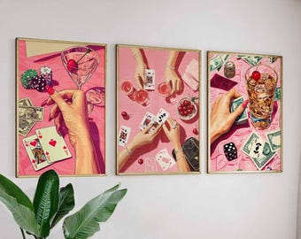 Retro Casino Poster Set, Vintage Poker & Cocktail Art, Gambling Wall Decor, Pink Art Print, Playing Cards and Chips, Fun Game Night Decor