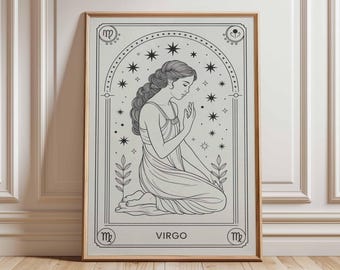 Virgo Zodiac Wall Art, Line Drawing Print, Celestial Astrology