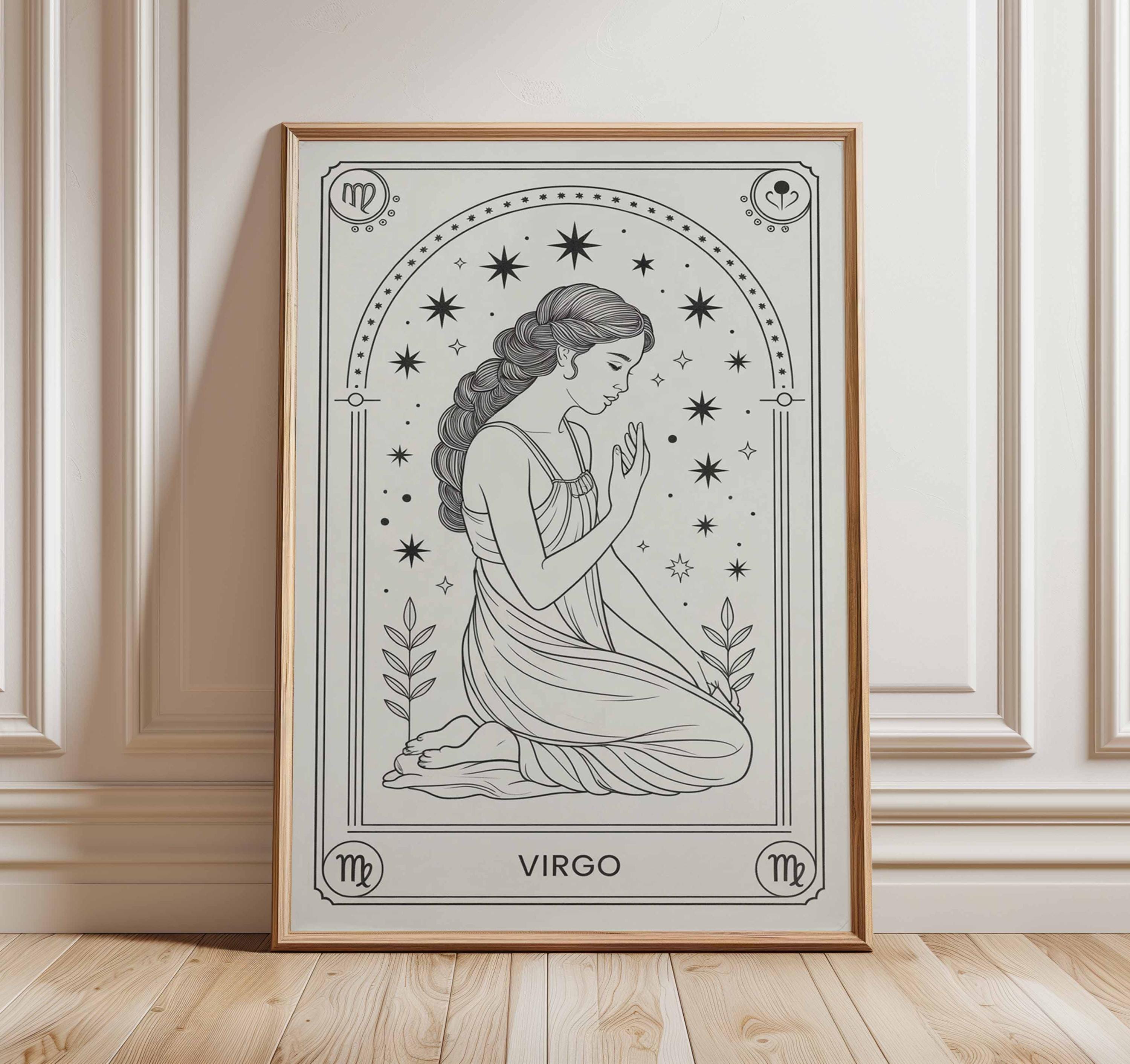 Virgo Zodiac Wall Art, Line Drawing Print, Celestial Astrology