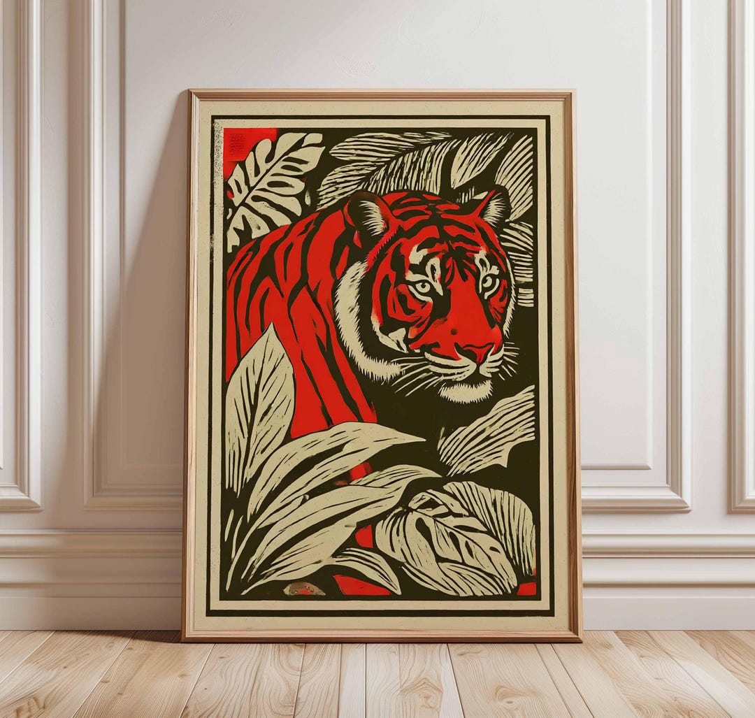 Red Tiger Jungle Poster, Vintage Linocut Animal Wall Art, Bold Safari ...