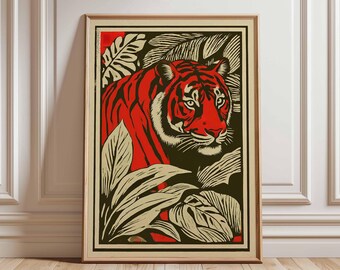 Red Tiger Jungle Poster, Vintage Linocut Animal Wall Art, Bold Safari Jungle Print, Tropical Tiger Illustration, Retro Graphic Tiger Decor