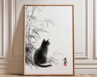 May include: A framed art print featuring a black cat in a serene, minimalist ink wash painting style. The artwork depicts a cat seated amidst bamboo stalks, with Japanese calligraphy and a red seal. The frame is a light wood color.