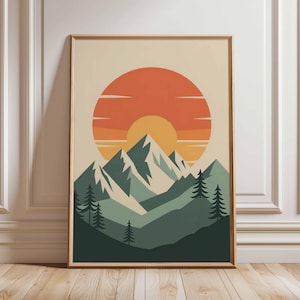 May include: Framed art print depicting a mountain scene with a sunset. The artwork uses a palette of greens, oranges, and beige. The mountains are shown with sharp peaks, and the sun is a large, circular shape.