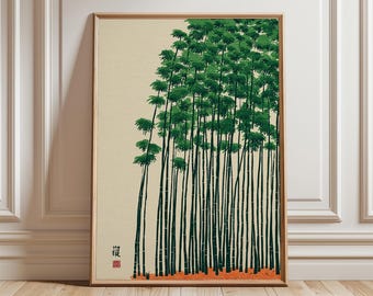 Bamboo Forest Wall Art, Japanese Nature Print, Minimal Botanical Poster, Zen Green Landscape Decor