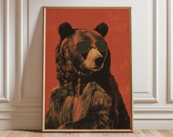 Bear Wall Art, Retro Animal Poster, Funny Bear Wearing Sunglasses, Quirky Wildlife Print