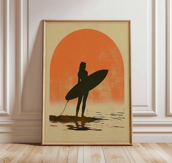 Surf Girl Sunset Poster, Vintage Surf Wall Art Print, Silhouette