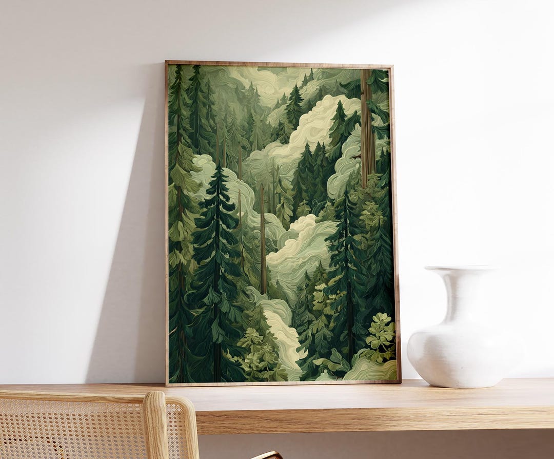 Forest Fog Poster | Misty Pine Trees Wall Art | Green Woodland ...