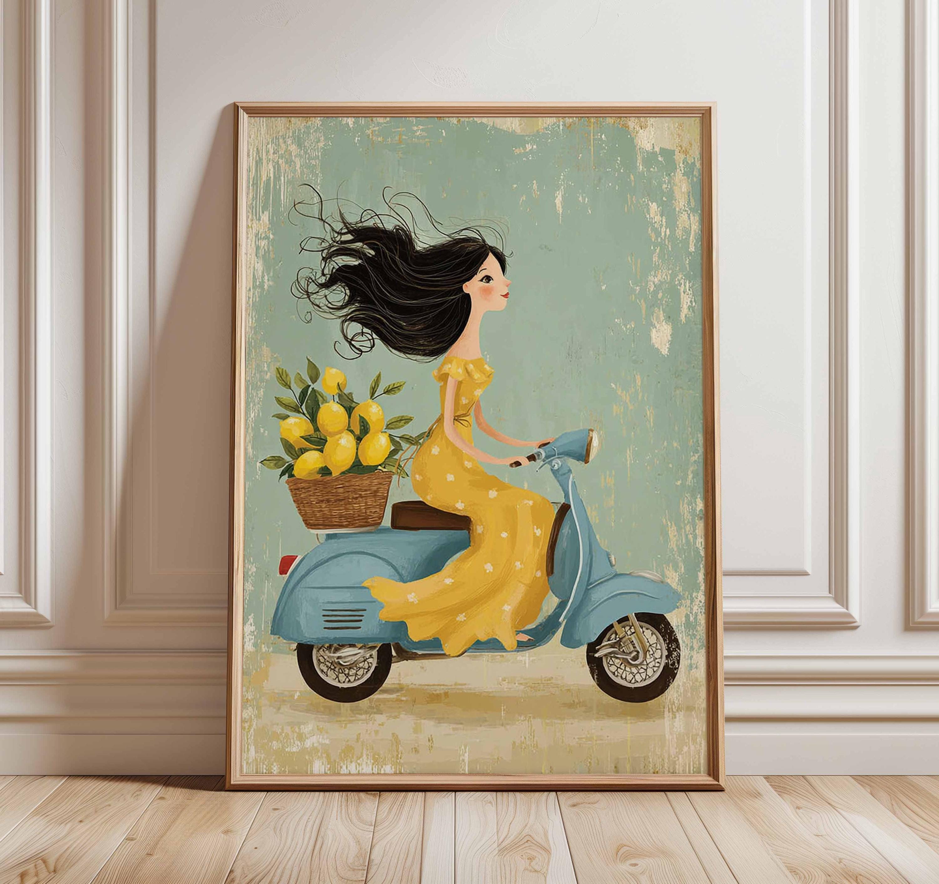 Italian Scooter Poster, Retro Wall Art, Lemon Girl Illustration