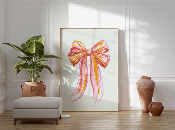 Pink Orange Bow Poster Print, Colorful Ribbon Wall Art, Feminine