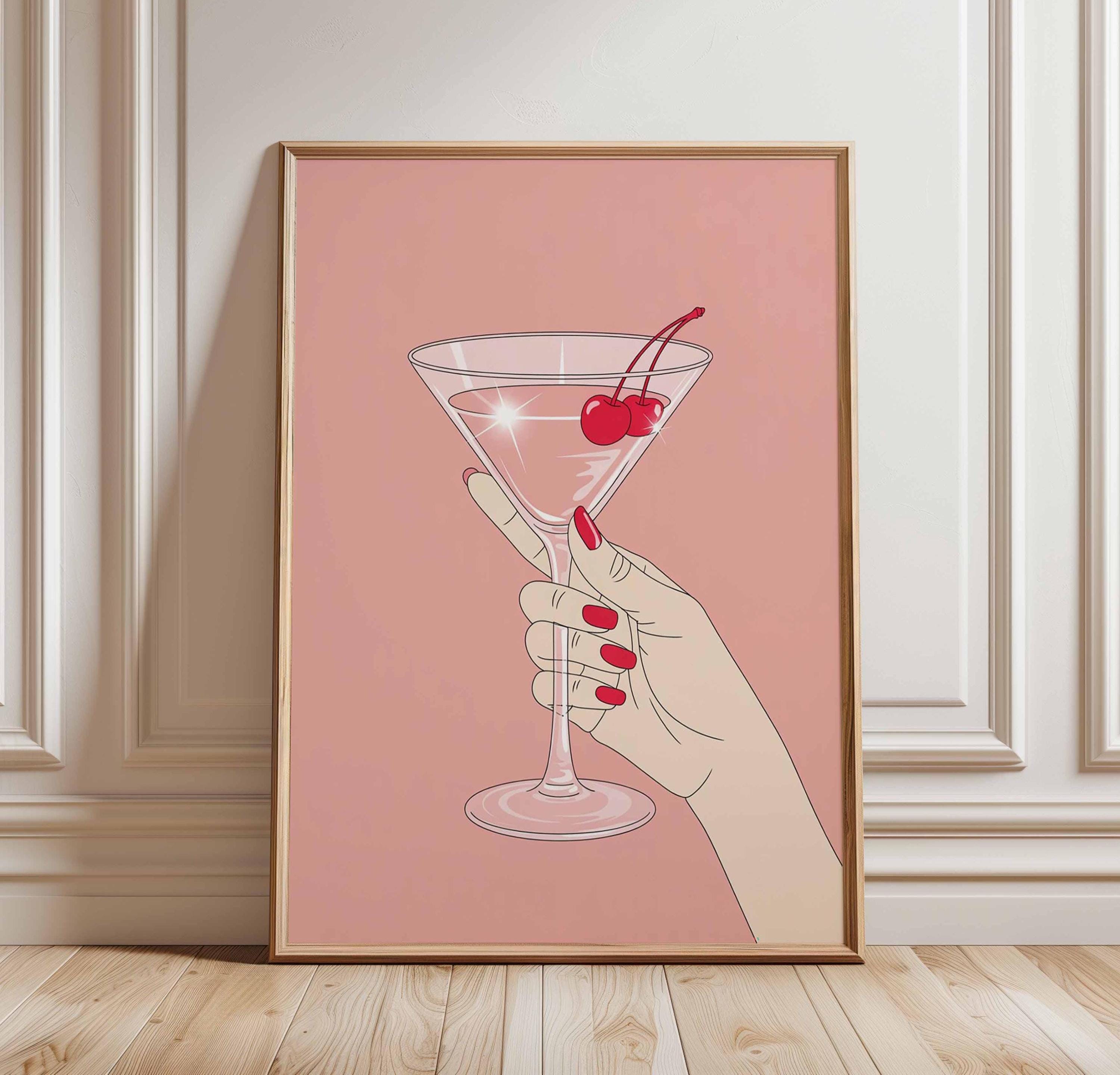 Cherry Cocktail Poster, Feminine Bar Wall Art, Retro Martini Glass