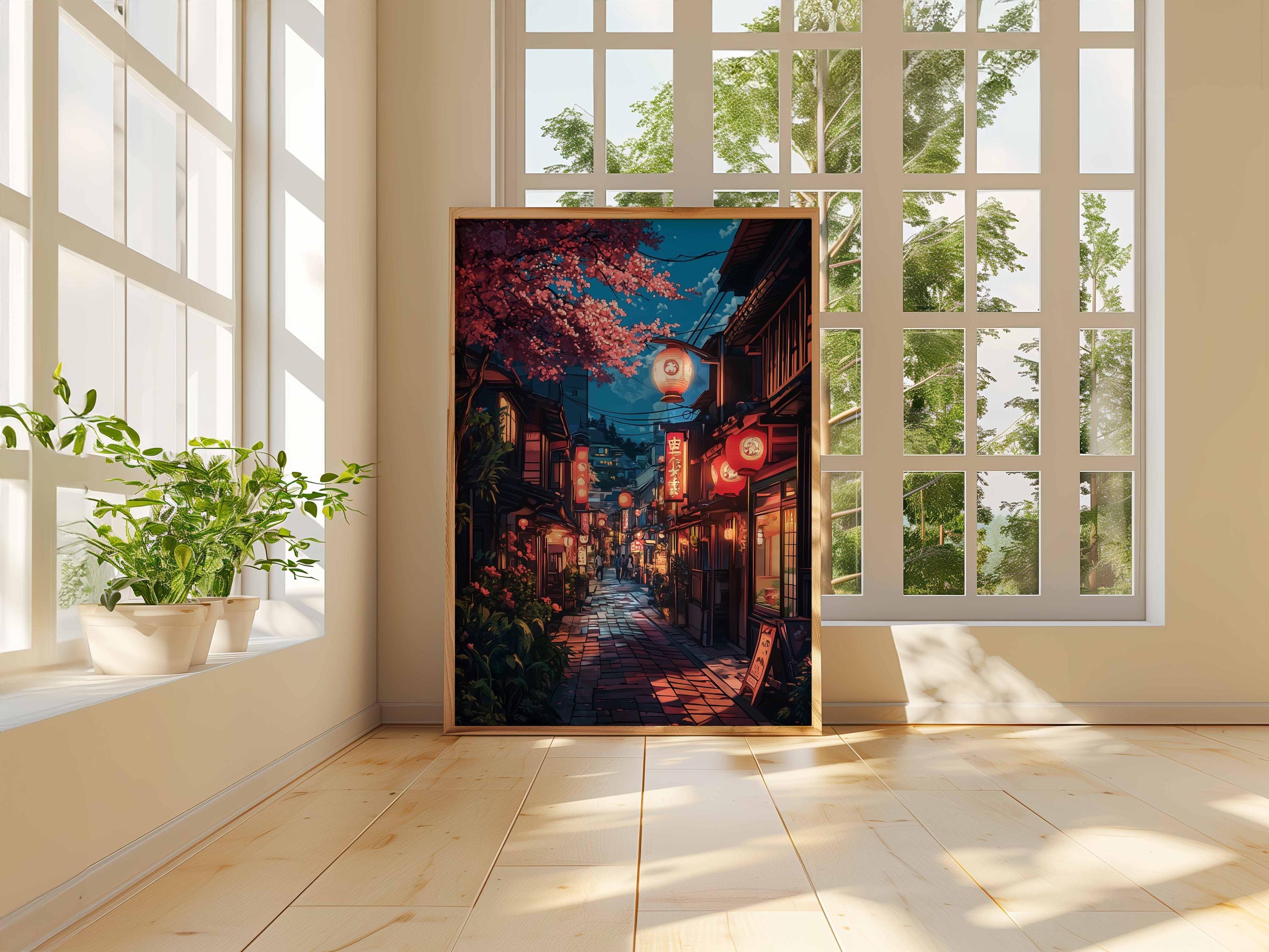 Serene Tokyo Night Print, Cherry Blossom Poster, Japan Street Art