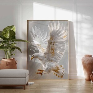 Vit örn-poster, svävande majestätisk fågelväggkonst, elegant vithövdad örn i flykt-tryck, grå neutral djurdekor, kunglig djurlivskonst bild 5