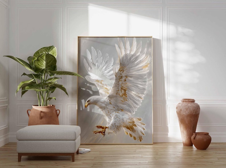 Vit örn-poster, svävande majestätisk fågelväggkonst, elegant vithövdad örn i flykt-tryck, grå neutral djurdekor, kunglig djurlivskonst bild 5