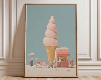 Puede incluir: Lámina artística enmarcada que muestra un gran helado rosa sobre un cono de galleta, con figuras en miniatura cerca de un puesto de postres. El fondo es azul claro, en un marco de madera.