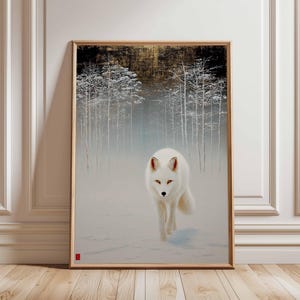 White Fox Art Print, Snow Forest Poster, Winter Animal Wall Art, Japanese Minimalist Decor, Arctic Fox Illustration, Nature Woodland Scene