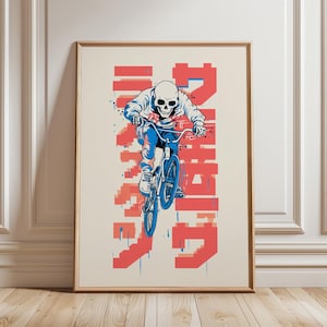 May include: Framed art print showing a skeleton on a BMX bike. The rider is in blue and white, set against a red and white Japanese-style graphic. The artwork has a retro, pixelated look, suitable for a modern interior.