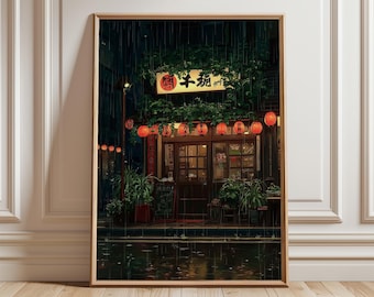 Póster de una tienda de ramen de Tokio, lámina artística de anime japonesa de una noche lluviosa en estilo de ilustración cinematográfica