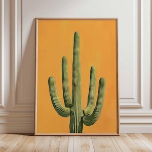 Saguaro Cactus Poster, Bold Desert Wall Art Print, Minimal Western Plant Decor, Orange Background Botanical Illustration, Unframed