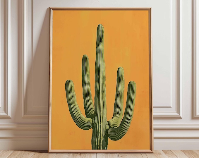 Saguaro Cactus Poster, Bold Desert Wall Art Print, Minimal Western Plant Decor, Orange Background Botanical Illustration, Unframed