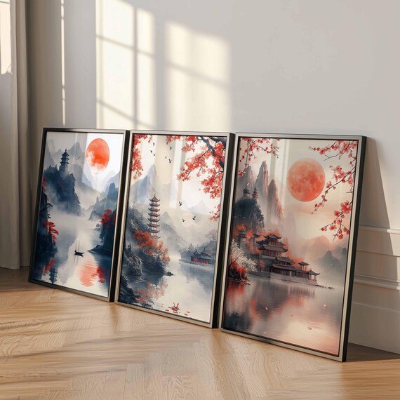 中国の赤い風景画ポスターセット、伝統芸術、夕焼けと月のプリント 