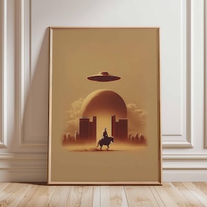 Cowboy and UFO Poster Print, Retro Sci-Fi Western Wall Art, Surreal Desert Landscape, Alien Spaceship Artwork, Futuristic Western Decor