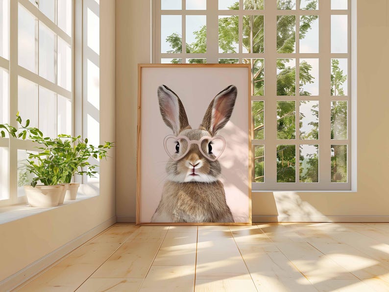 K&ouml;nnte beinhalten: Ein gerahmter Druck mit einem Hasen, der eine herzf&ouml;rmige Brille tr&auml;gt. Der Hase hat braunes und hellbraunes Fell, vor einem hellrosa Hintergrund. Der Druck wird in einem Raum mit nat&uuml;rlichem Licht und Holzboden ausgestellt.