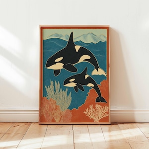Vintage Orca Whale Poster, Retro Ocean Marine Life Wall Art, Killer Whale Illustration, Underwater Wildlife Decor, Nautical Sea Print
