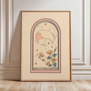 Sleeping Cat Wall Art, Minimalist Cat Poster with Stars and Flowers, Cute Astral Feline Illustration, Whimsical Cat Decor for Home