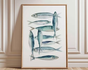 Watercolor Sardines Wall Art, Coastal Kitchen Fish Print, Nautical Seafood Poster, Mediterranean Ocean Decor, Blue Marine Illustration