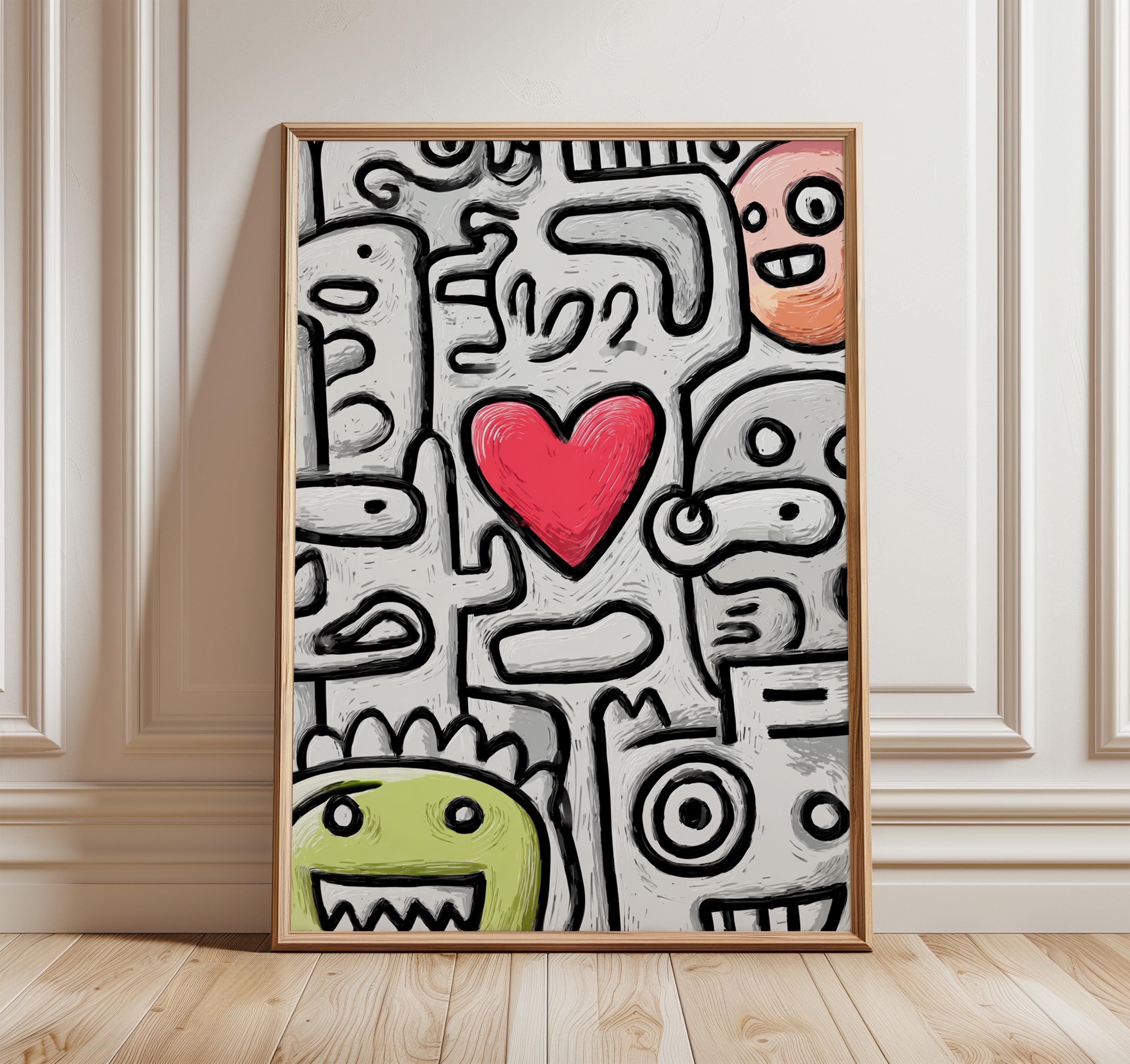 Graffiti Doodle Art Print, Red Heart Pop Art, Abstract Street