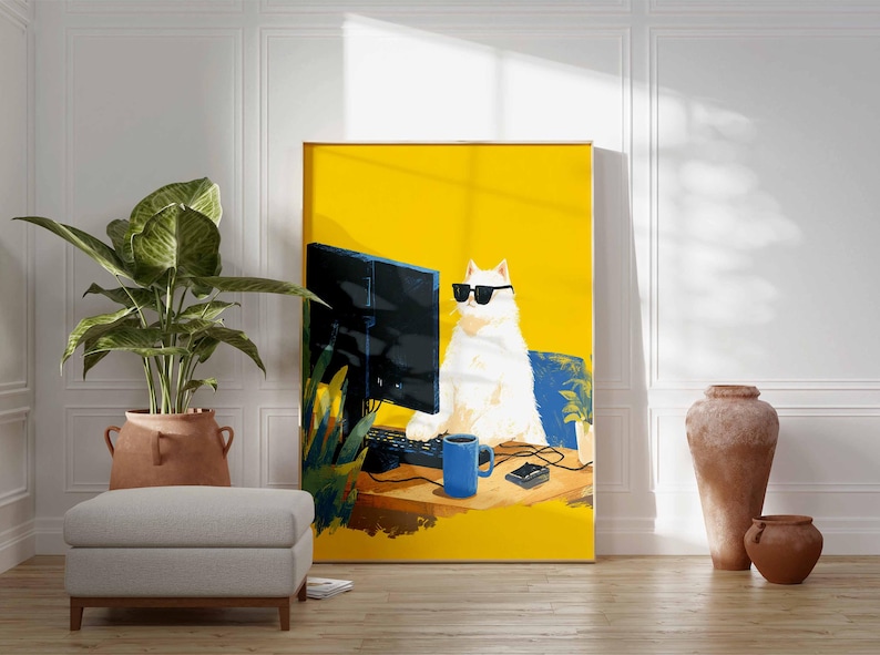 Cool Cat Computer Poster, Funny Animal Wall Art, Modern Quirky Digital ...