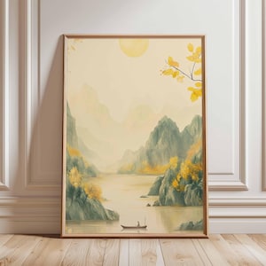 Póster de paisaje chino, arte de río otoñal, impresión de montaña tranquila, estilo de pintura en tinta, arte mural natural, escena de barco sereno, decoración asiática