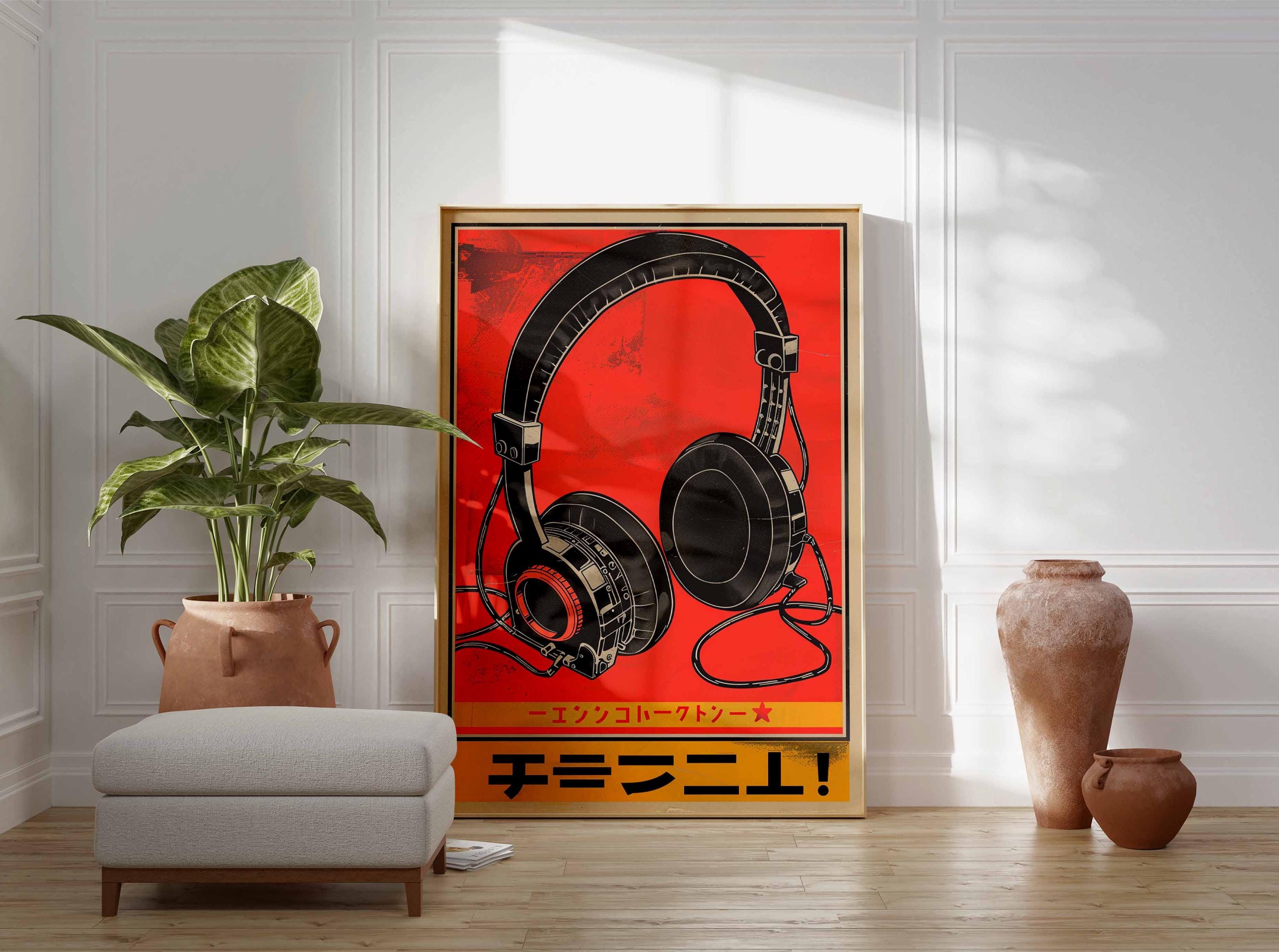 Japanese Headphones Poster, Retro Music Wall Art, Abstract Audio