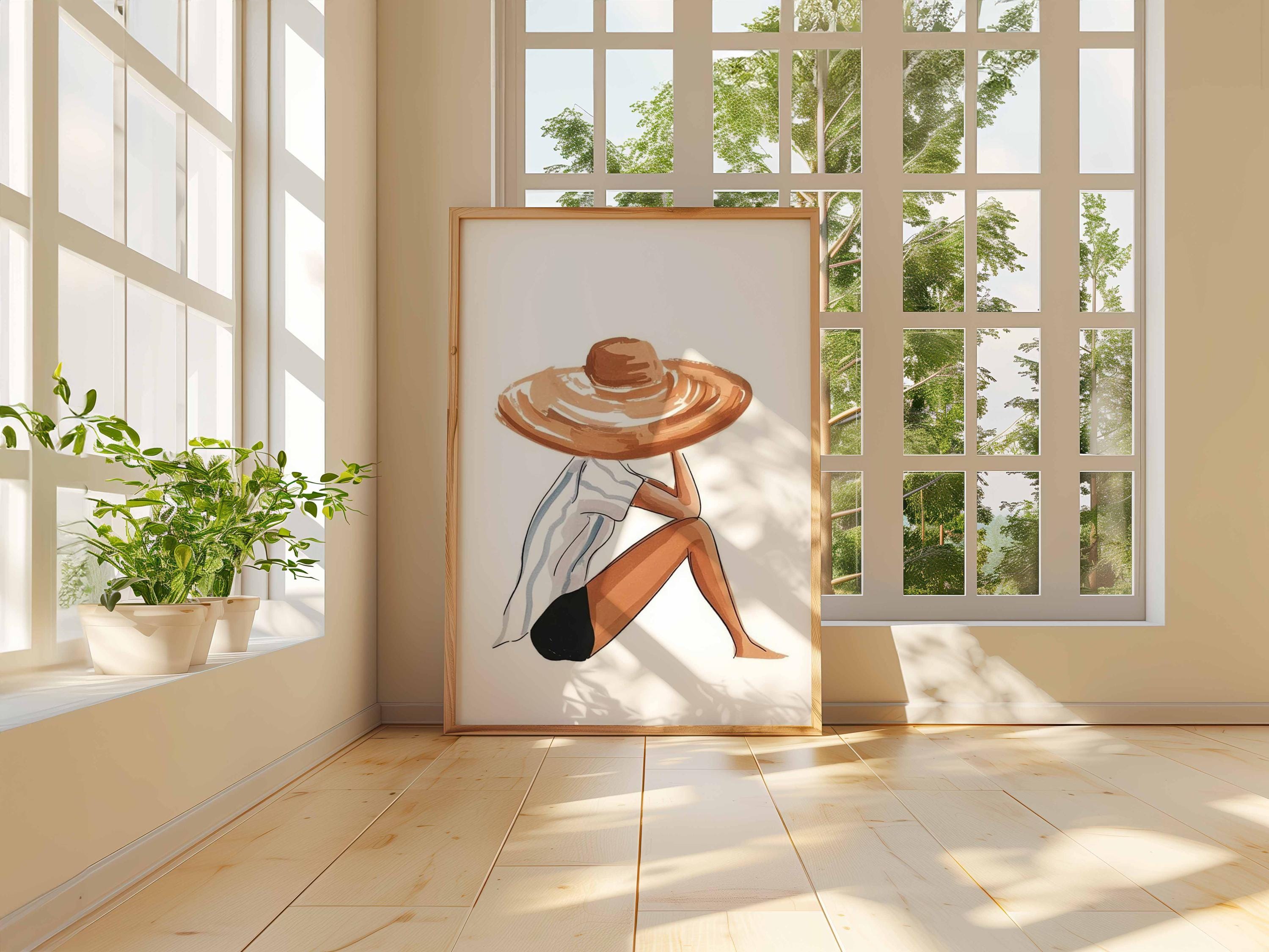 Woman in Sun Hat Poster Beach Wall Art Minimalist Summer Print