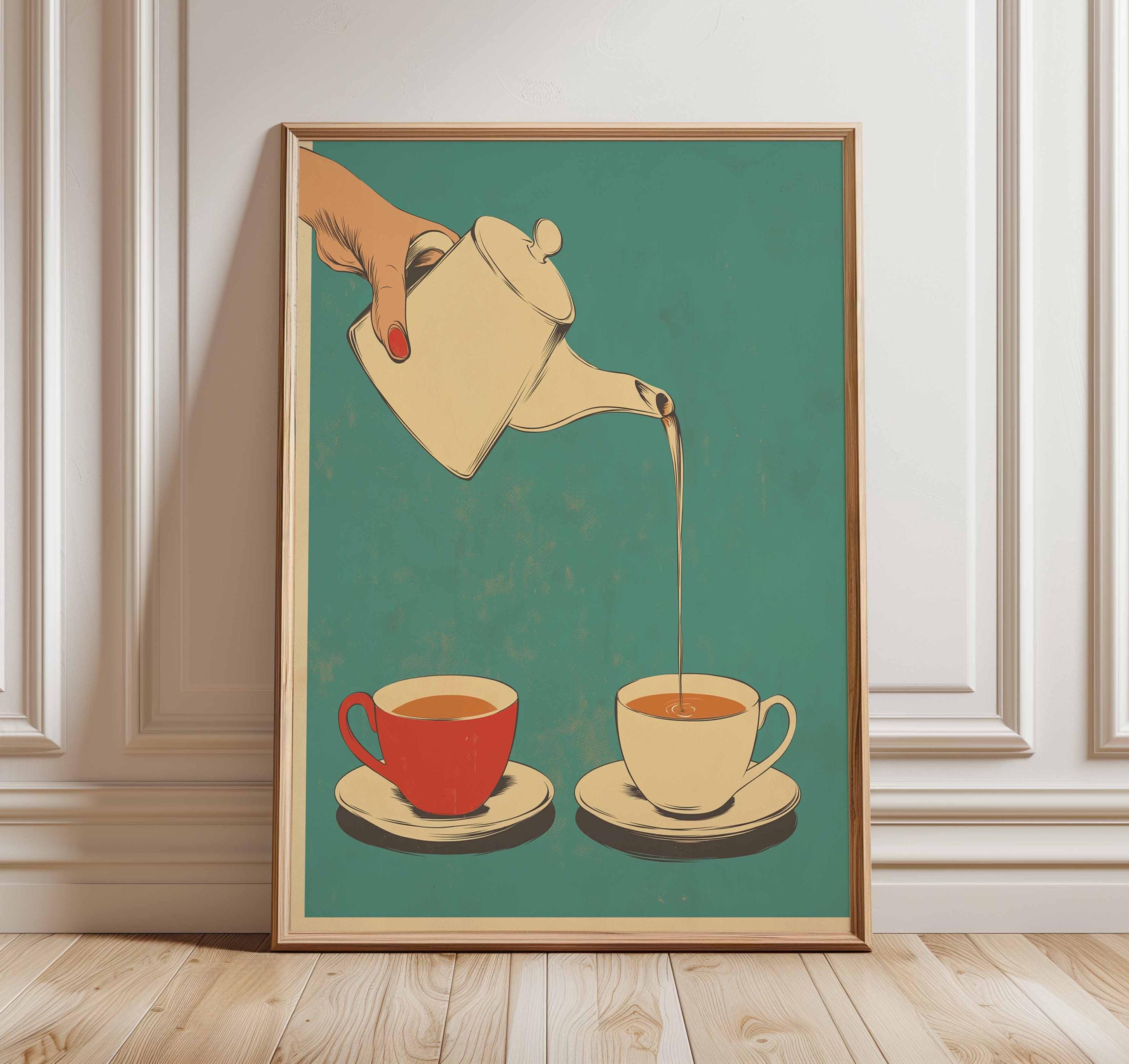 アンティーク　フレーム　ポスター　Tea Coffee Retro Tea Print, Mid Century Kitchen Decor, Vintage Coffee Poster