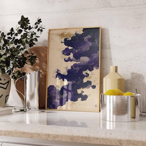Konstposter med lila moln, abstrakt japansk målning, mystisk molnväggdekor, eleganta lila virvlar, modern heminredning bild 5