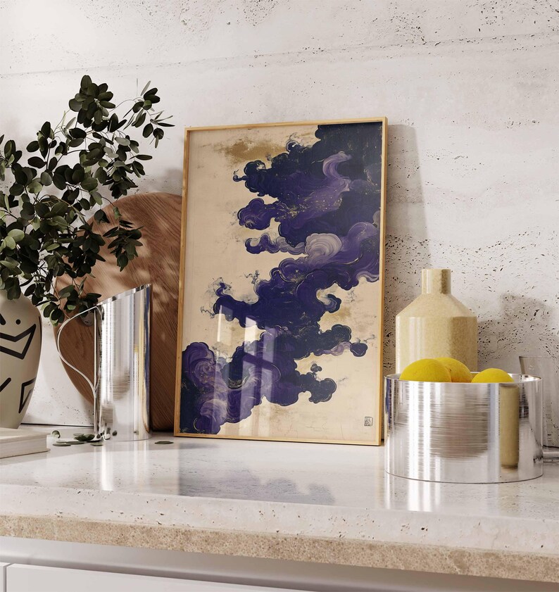 Konstposter med lila moln, abstrakt japansk målning, mystisk molnväggdekor, eleganta lila virvlar, modern heminredning bild 5