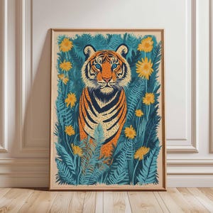 Majestic Tiger in Lush Greenery – Hand-Drawn Tiger Artwork, Bold Animal Print, Floral Jungle Scene, Tropical Wildlife Illustration