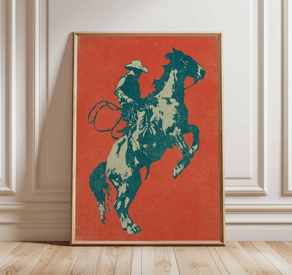 Cowboy Poster, Western Wall Art, Rustic Horse Rider Print, Vintage Rodeo Decor, Bold Red Minimal Design, Americana Country Artwork