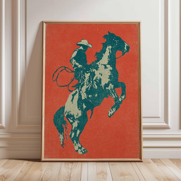 Cowboy Poster, Western Wall Art, Rustic Horse Rider Print, Vintage Rodeo Decor, Bold Red Minimal Design, Americana Country Artwork