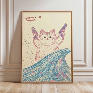 Funny Cat Poster, Great Wave Parody Wall Art, Quirky Pop Art Print, Cute Kitty Illustration, Humorous Animal Artwork, Meme Inspired Decor