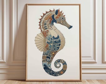 Póster de caballito de mar intrincado, arte mural náutico oceánico, impresión detallada de vida marina para decoración costera