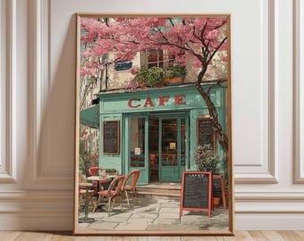 Paris Café Wall Art, Cherry Blossom Coffee Shop Poster, Vintage